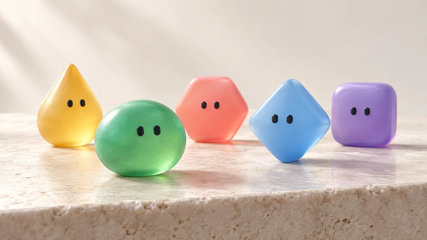 Sculptural interpretations of Amolfi’s five colorful agent characters
